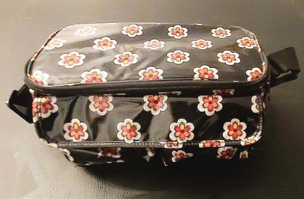 Vintage Vera Bradley Black Red Flowers Zippered Vinyl Insulated Lunch Bag 10 x 5